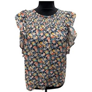 Navy and Floral Short Sleeve Blouse LOFT